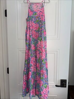 Lilly Pulitzer Pink Floral Maxi Dress on Lavender Background